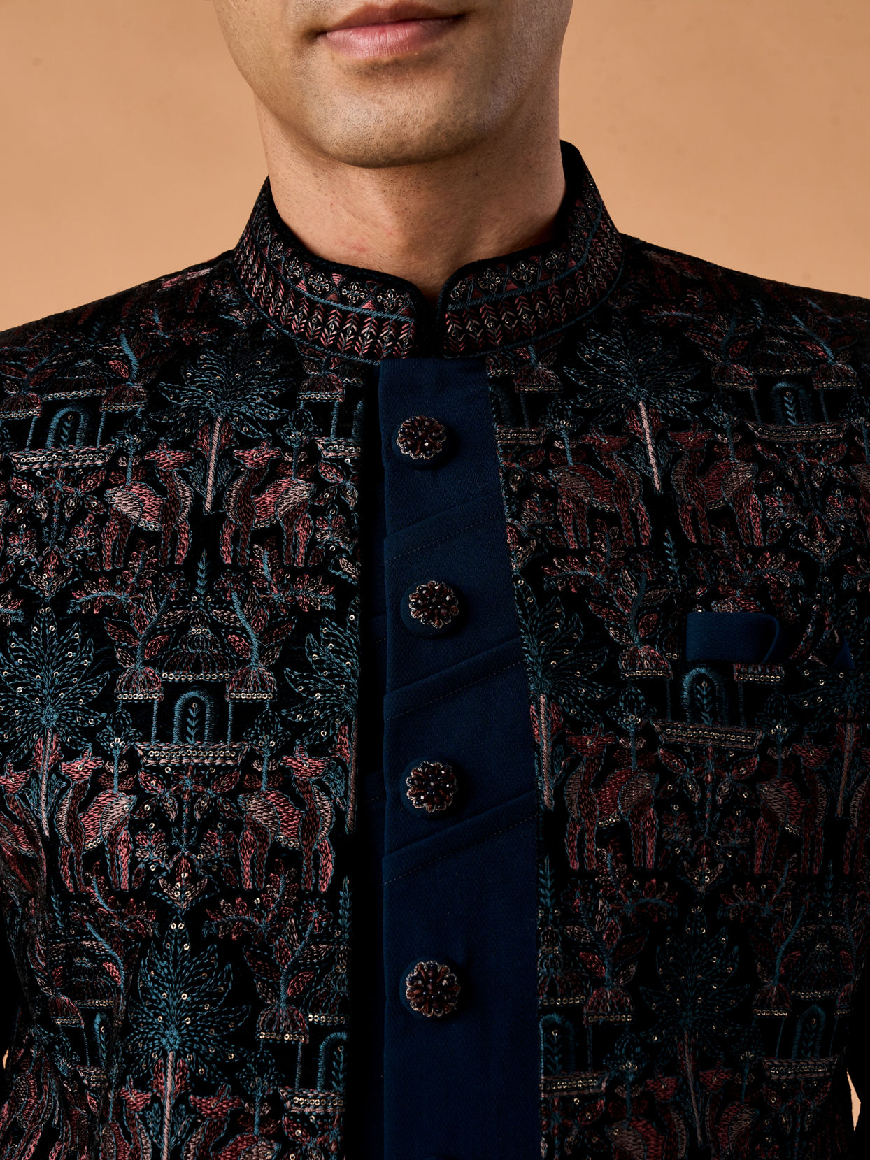 Manyavar Men Teal Green Velvet Indo Western