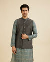 Manyavar Men Dark Green Jaal Medallion Printed Nehru Jacket