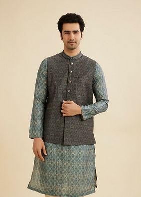 Manyavar Men Dark Green Jaal Medallion Printed Nehru Jacket