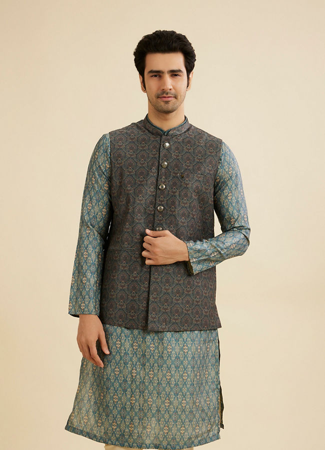 Manyavar Men Dark Green Jaal Medallion Printed Nehru Jacket