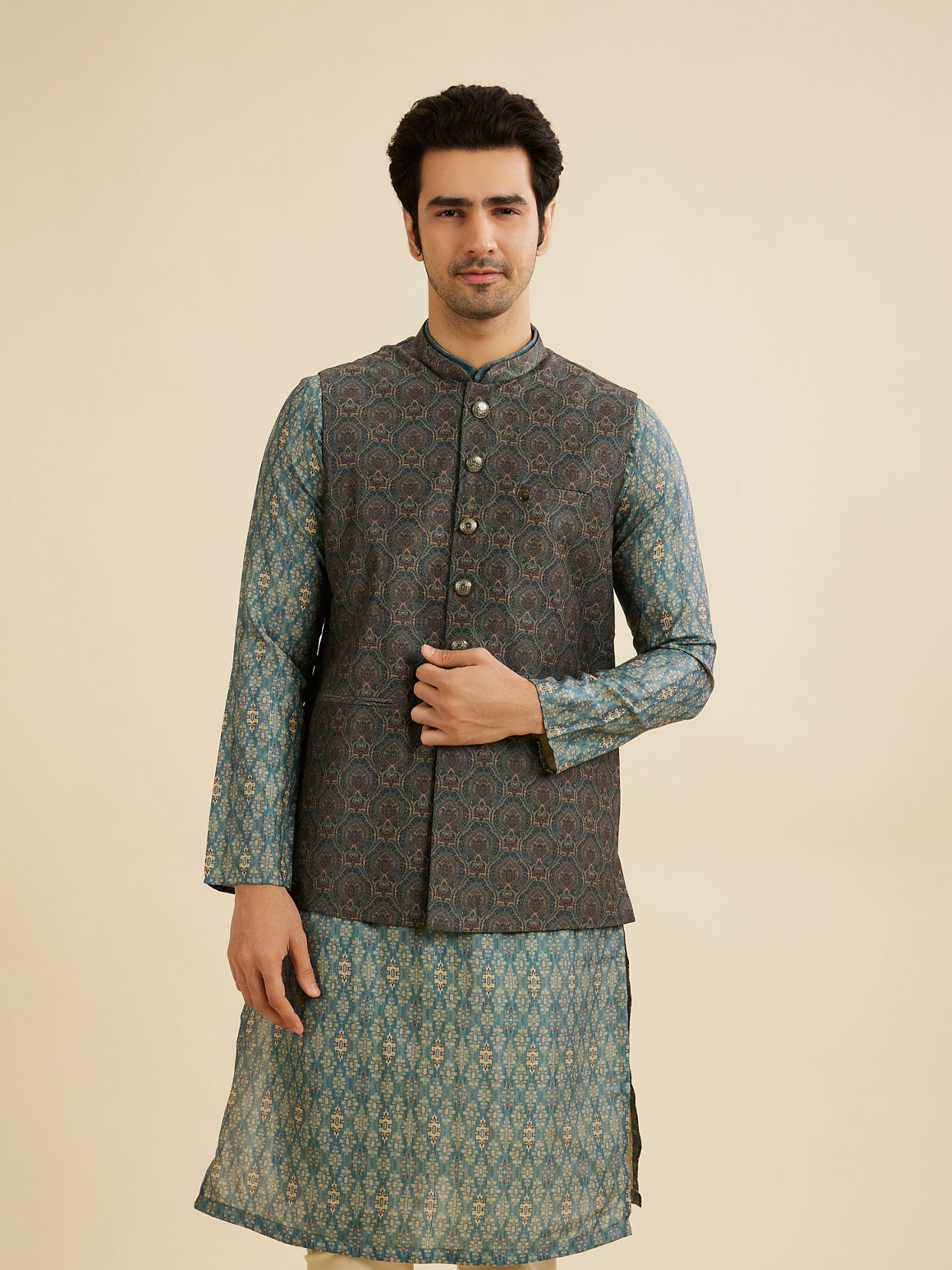 Manyavar Men Dark Green Jaal Medallion Printed Nehru Jacket