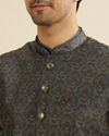 Manyavar Men Dark Green Jaal Medallion Printed Nehru Jacket