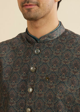 Manyavar Men Dark Green Jaal Medallion Printed Nehru Jacket
