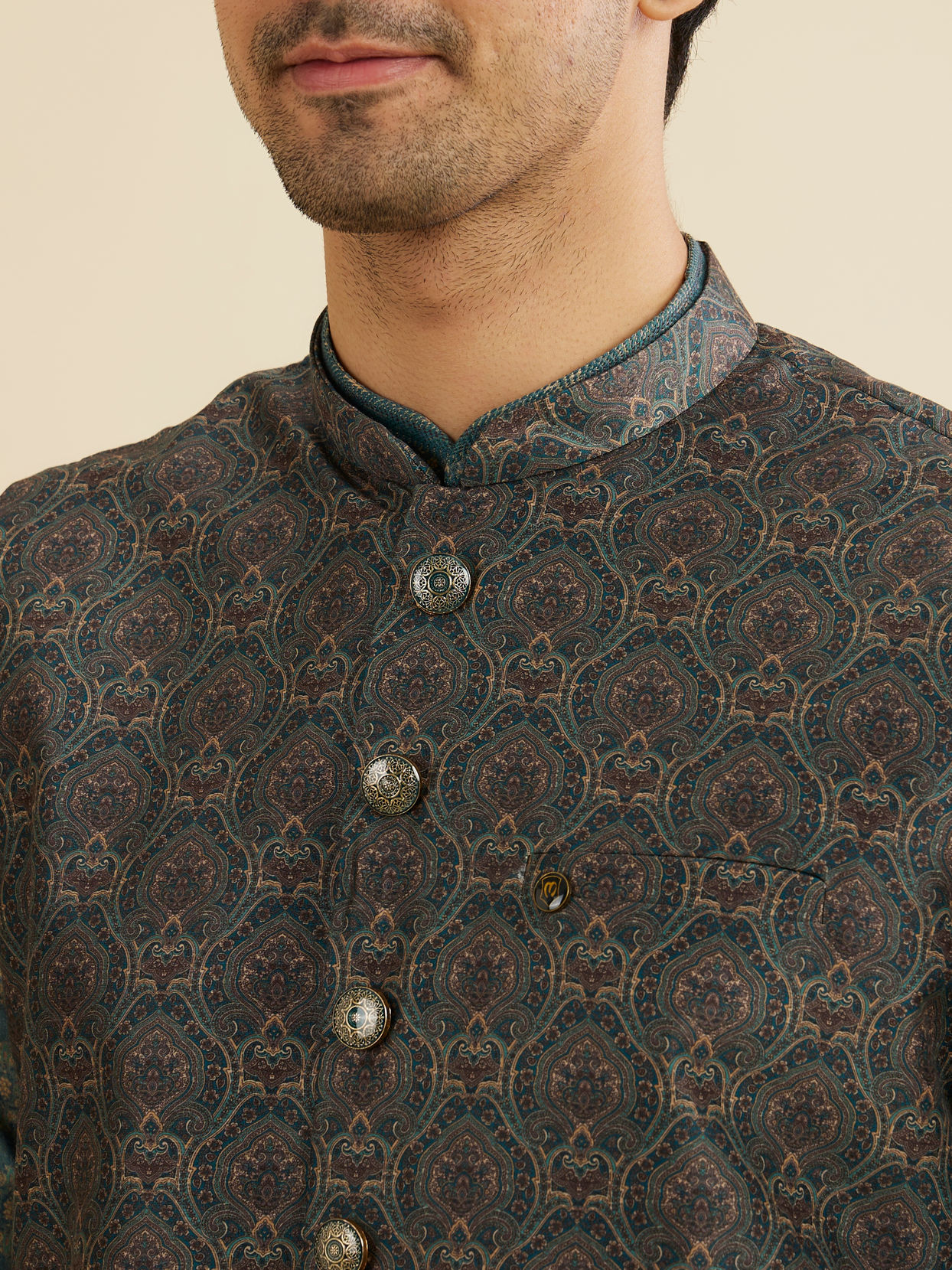 Manyavar Men Dark Green Jaal Medallion Printed Nehru Jacket