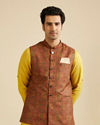 alt message - Manyavar Men Rust Red Aztec Print Jacket image number 0