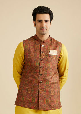 alt message - Manyavar Men Rust Red Aztec Print Jacket