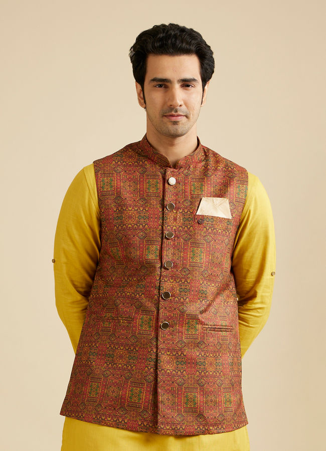 alt message - Manyavar Men Rust Red Aztec Print Jacket image number 0