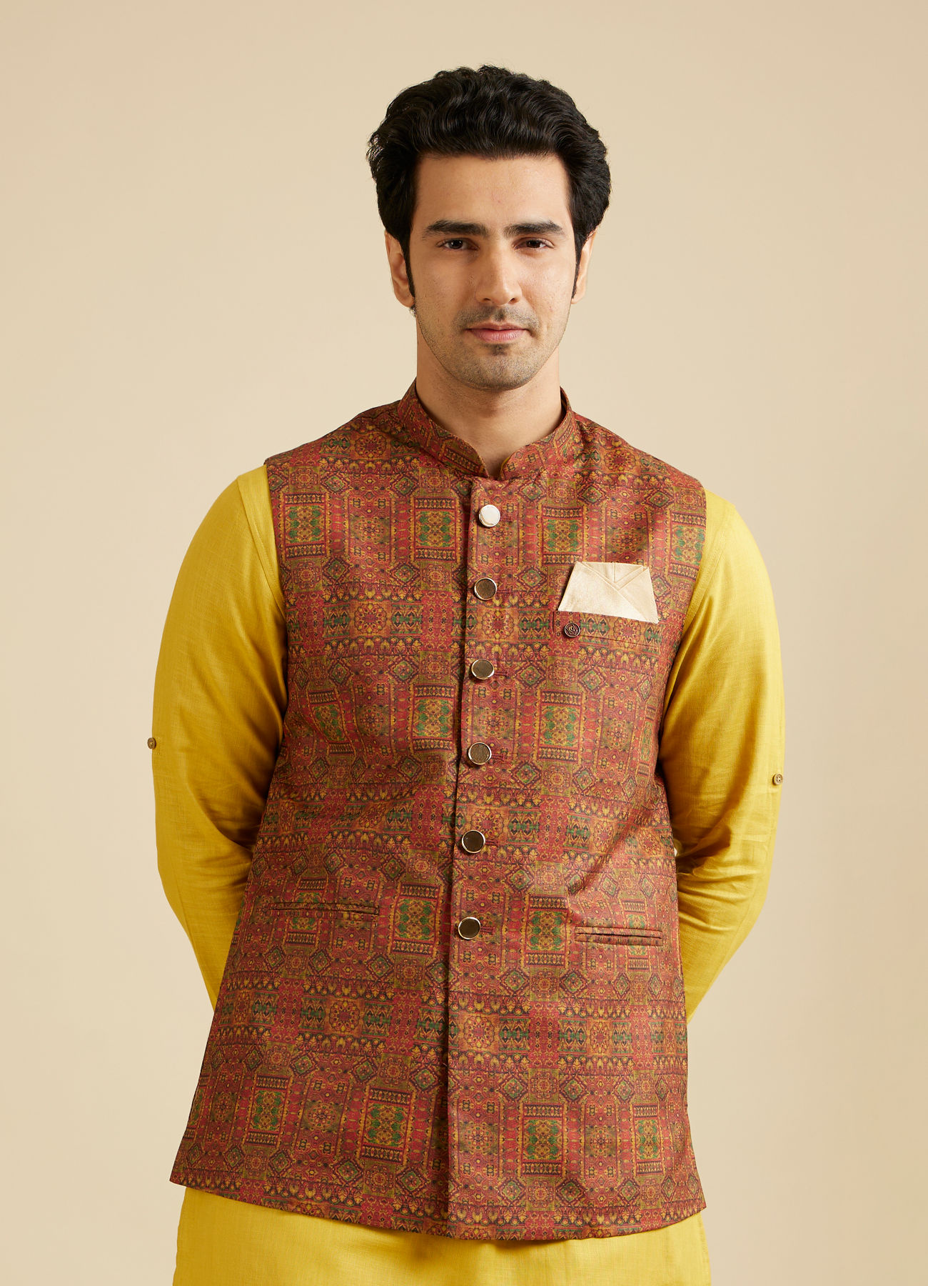 Manyavar Men Rust Red Aztec Print Jacket