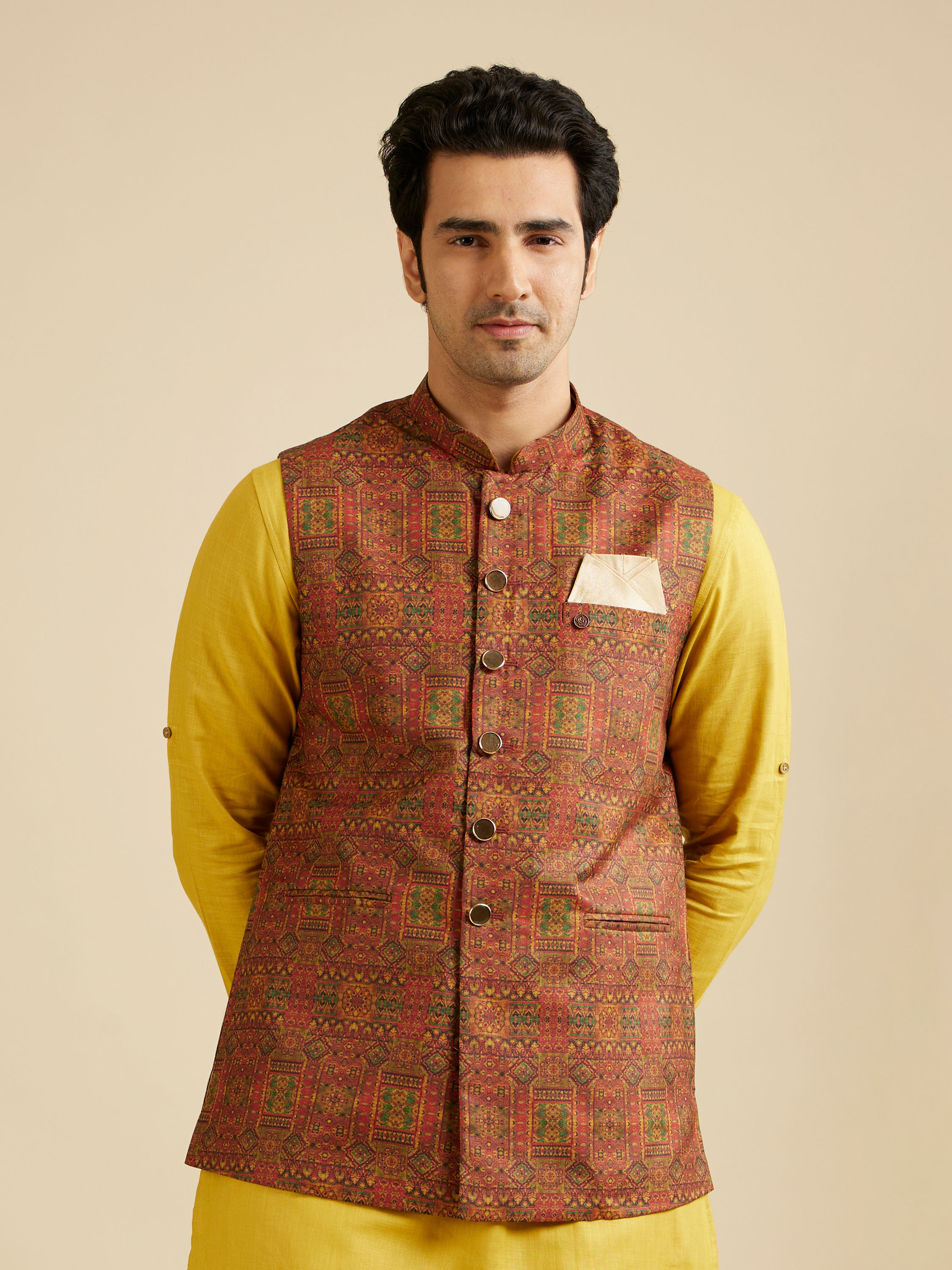 Manyavar Men Rust Red Aztec Print Jacket