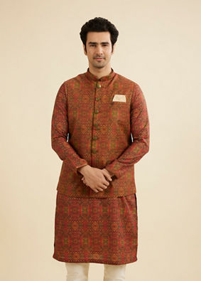 Manyavar Men Rust Red Aztec Print Jacket