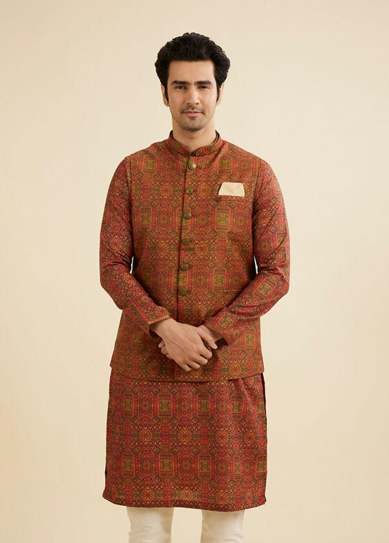 Manyavar Men Rust Red Aztec Print Jacket