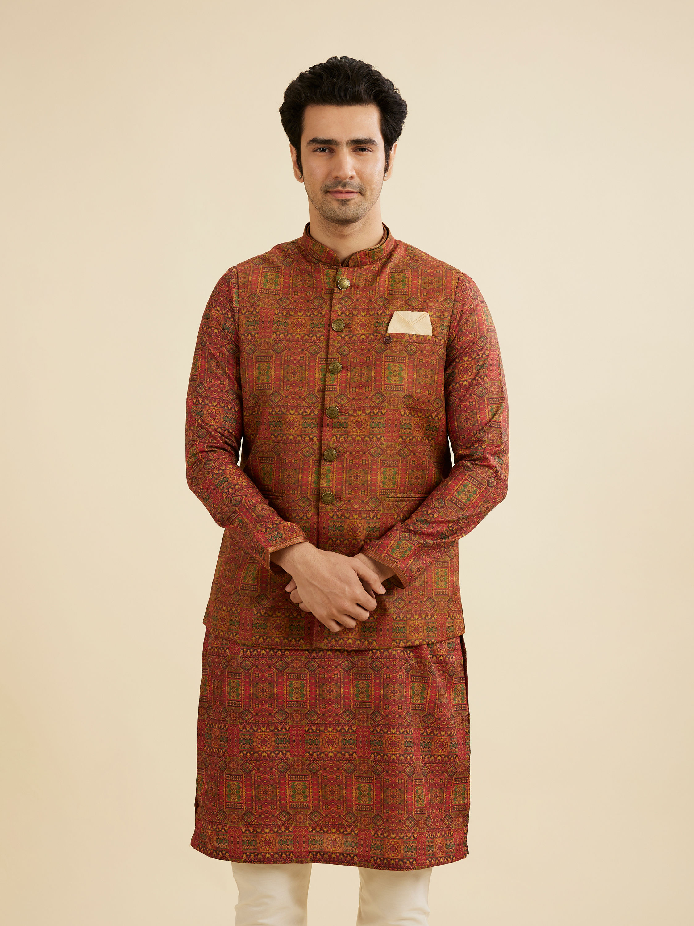 Manyavar Men Rust Red Aztec Print Jacket