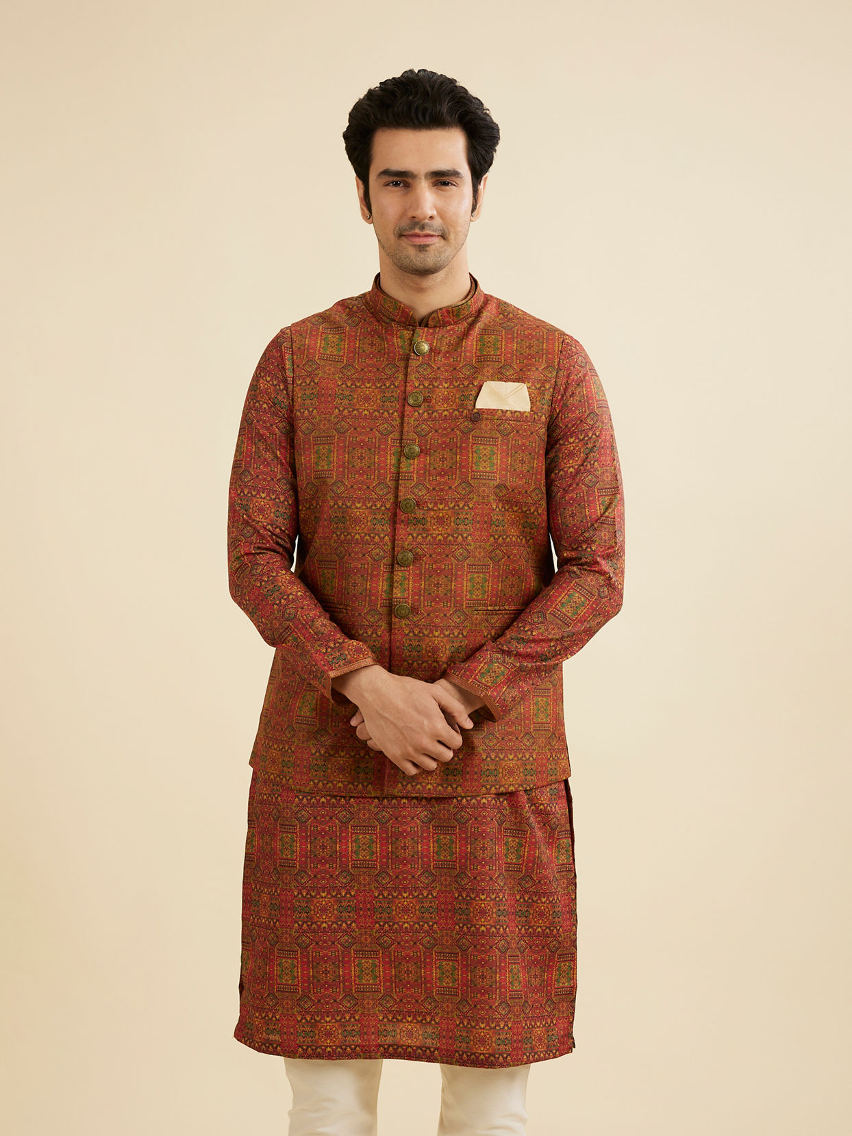 Manyavar Men Rust Red Aztec Print Jacket