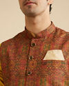 alt message - Manyavar Men Rust Red Aztec Print Jacket image number 1