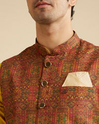 Manyavar Men Rust Red Aztec Print Jacket