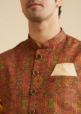 alt message - Manyavar Men Rust Red Aztec Print Jacket image number 1