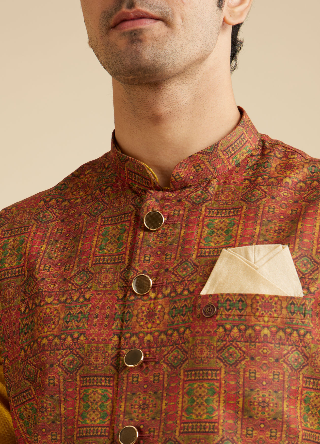 Manyavar Men Rust Red Aztec Print Jacket