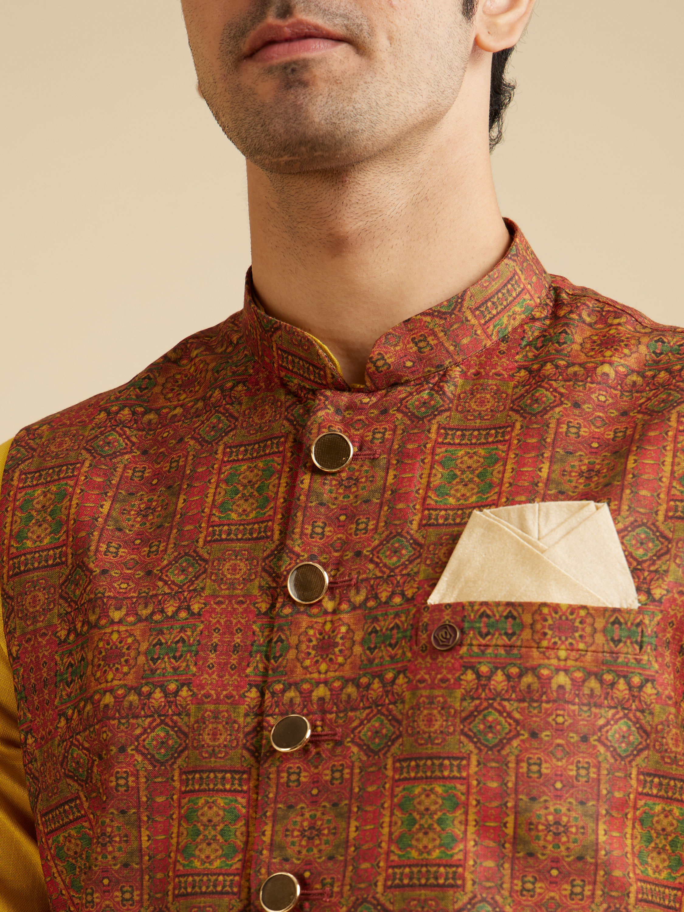 Manyavar Men Rust Red Aztec Print Jacket