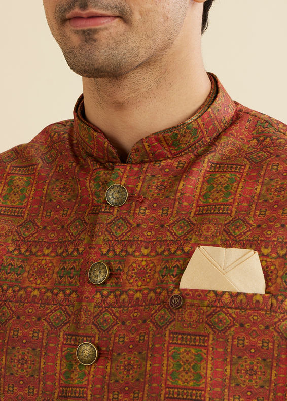 Manyavar Men Rust Red Aztec Print Jacket