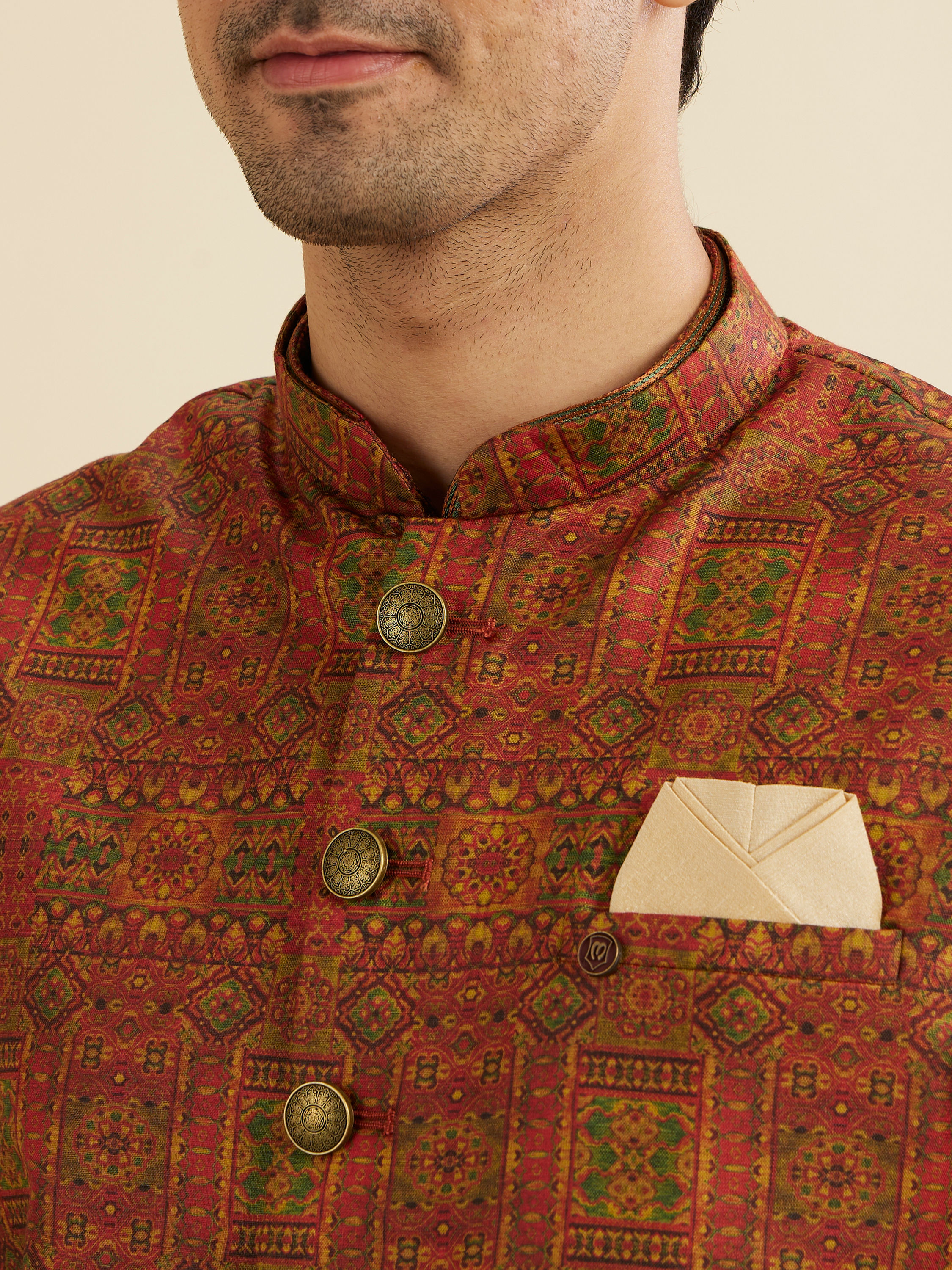 Manyavar Men Rust Red Aztec Print Jacket