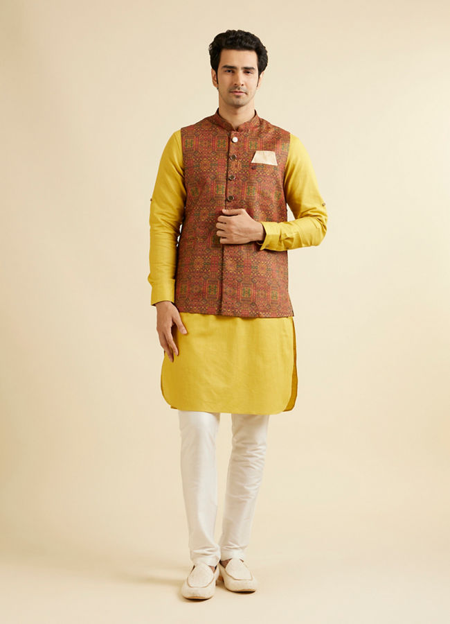 alt message - Manyavar Men Rust Red Aztec Print Jacket image number 2