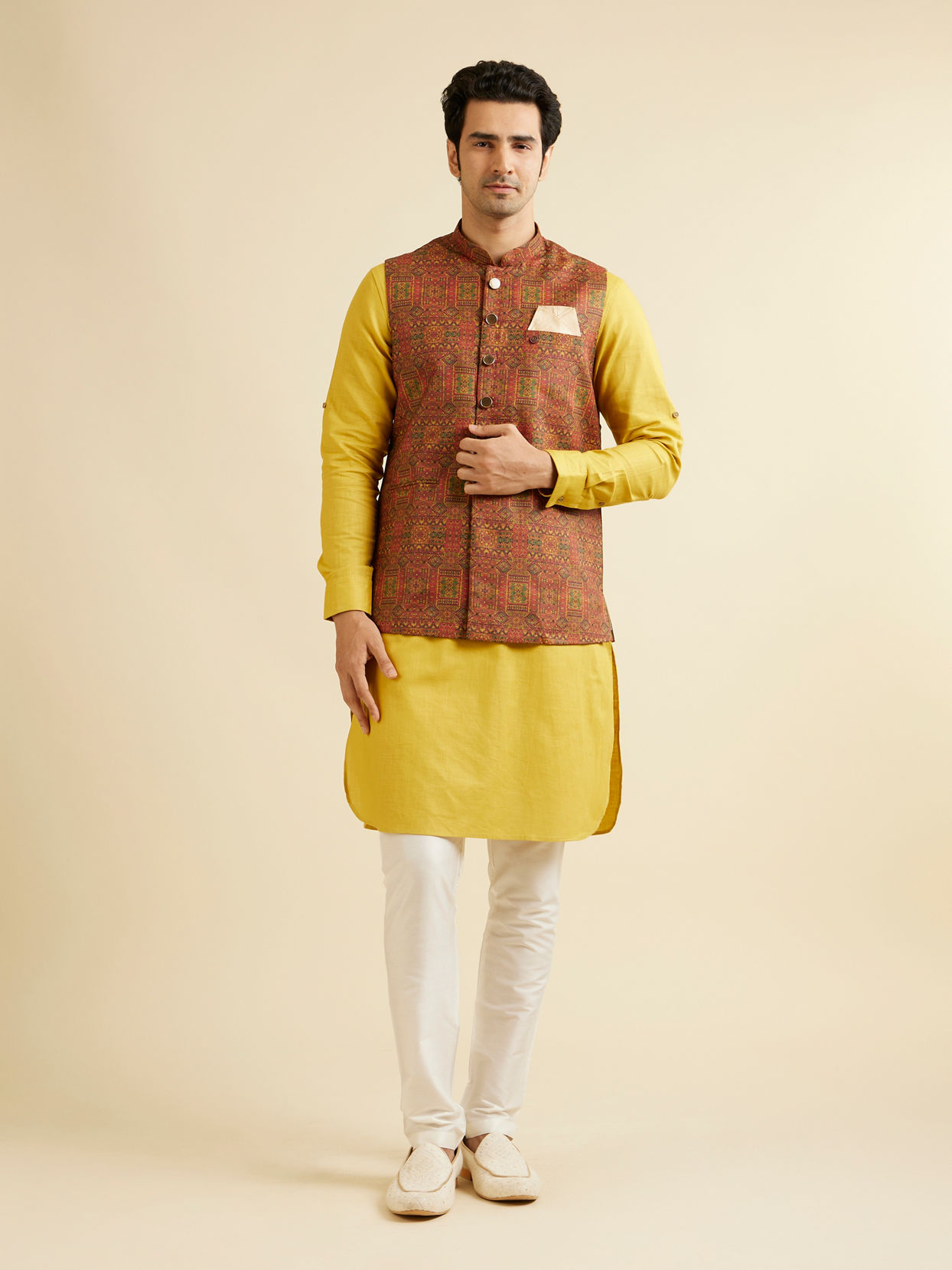 alt message - Manyavar Men Rust Red Aztec Print Jacket image number 2