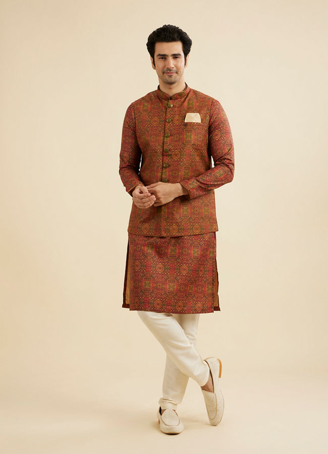 Manyavar Men Rust Red Aztec Print Jacket