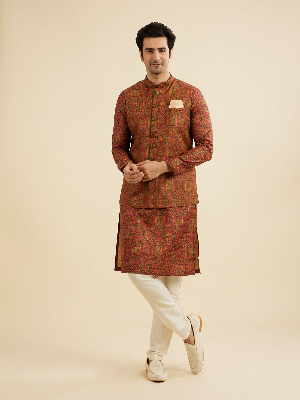 Manyavar Men Rust Red Aztec Print Jacket