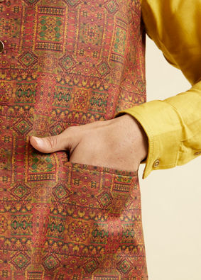 alt message - Manyavar Men Rust Red Aztec Print Jacket image number 3