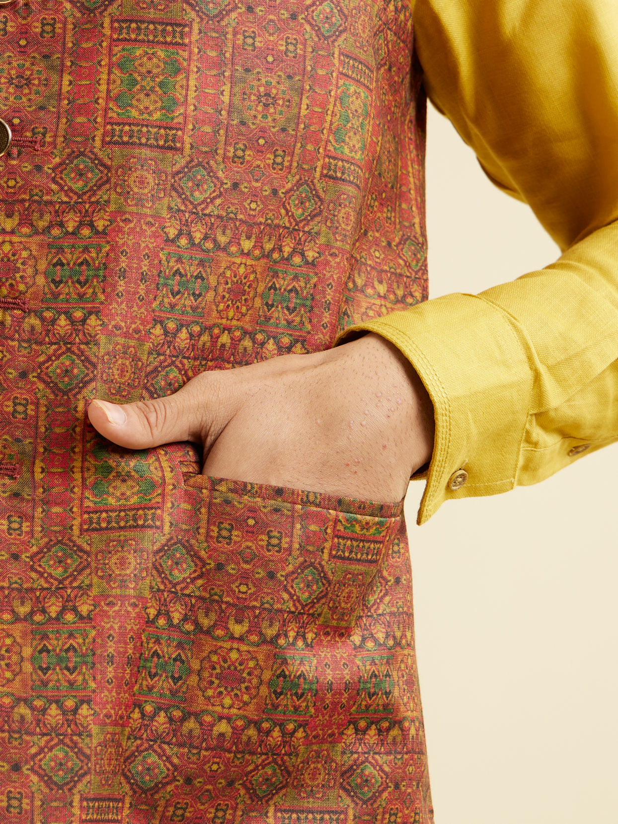 alt message - Manyavar Men Rust Red Aztec Print Jacket image number 3