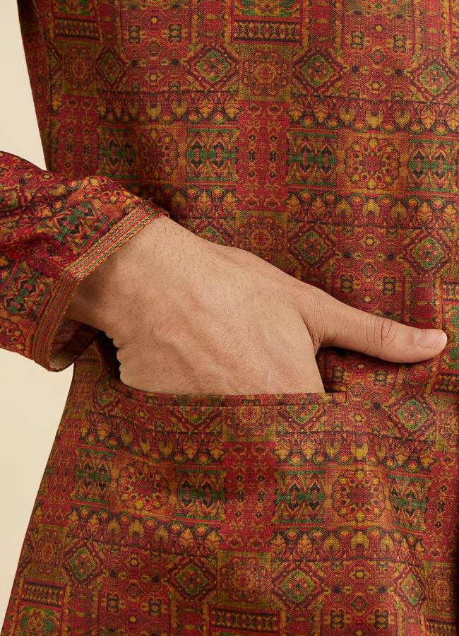 Manyavar Men Rust Red Aztec Print Jacket