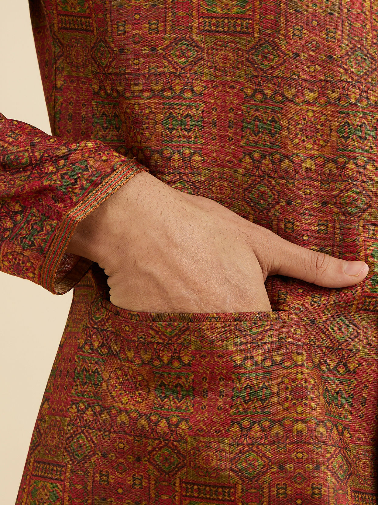 Manyavar Men Rust Red Aztec Print Jacket