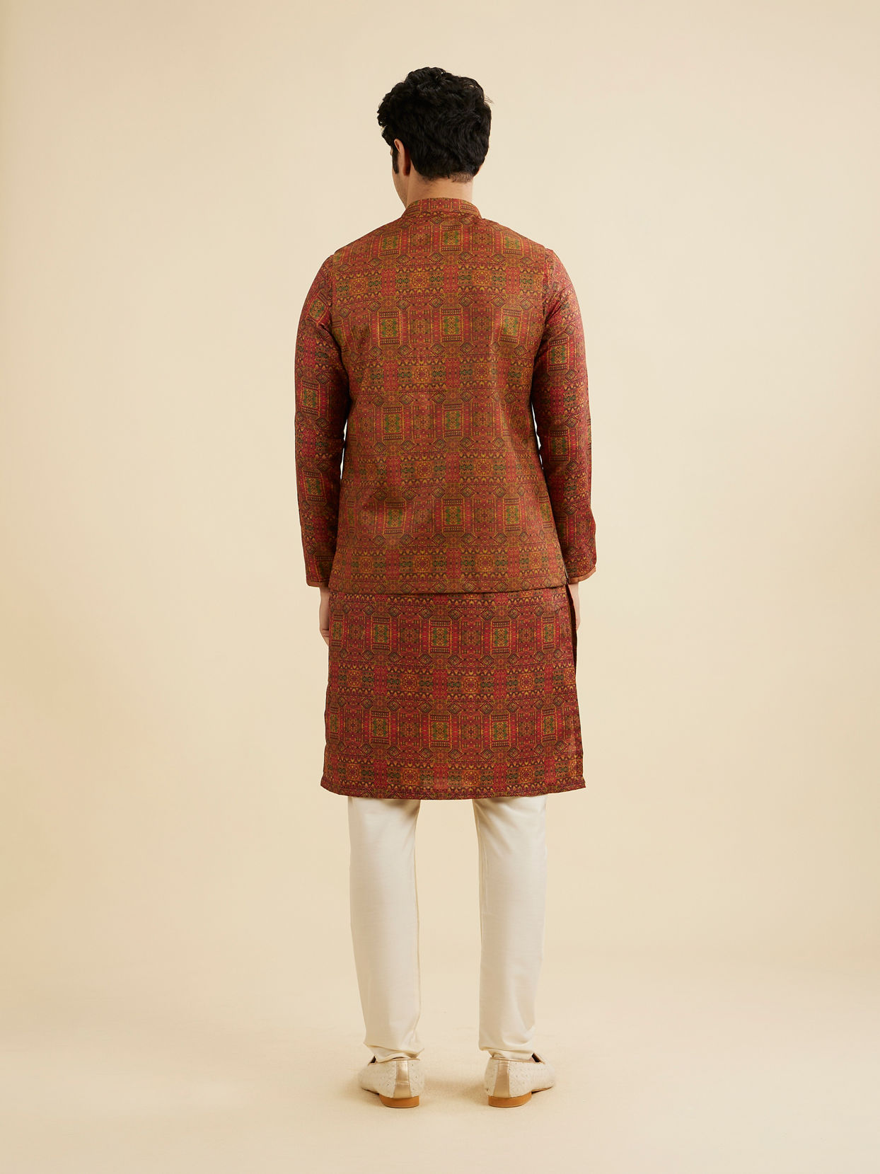 Manyavar Men Rust Red Aztec Print Jacket