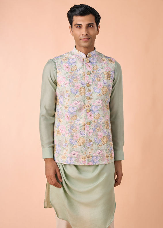 Manyavar Men Enchanting Light Mid Green Nehru Jacket