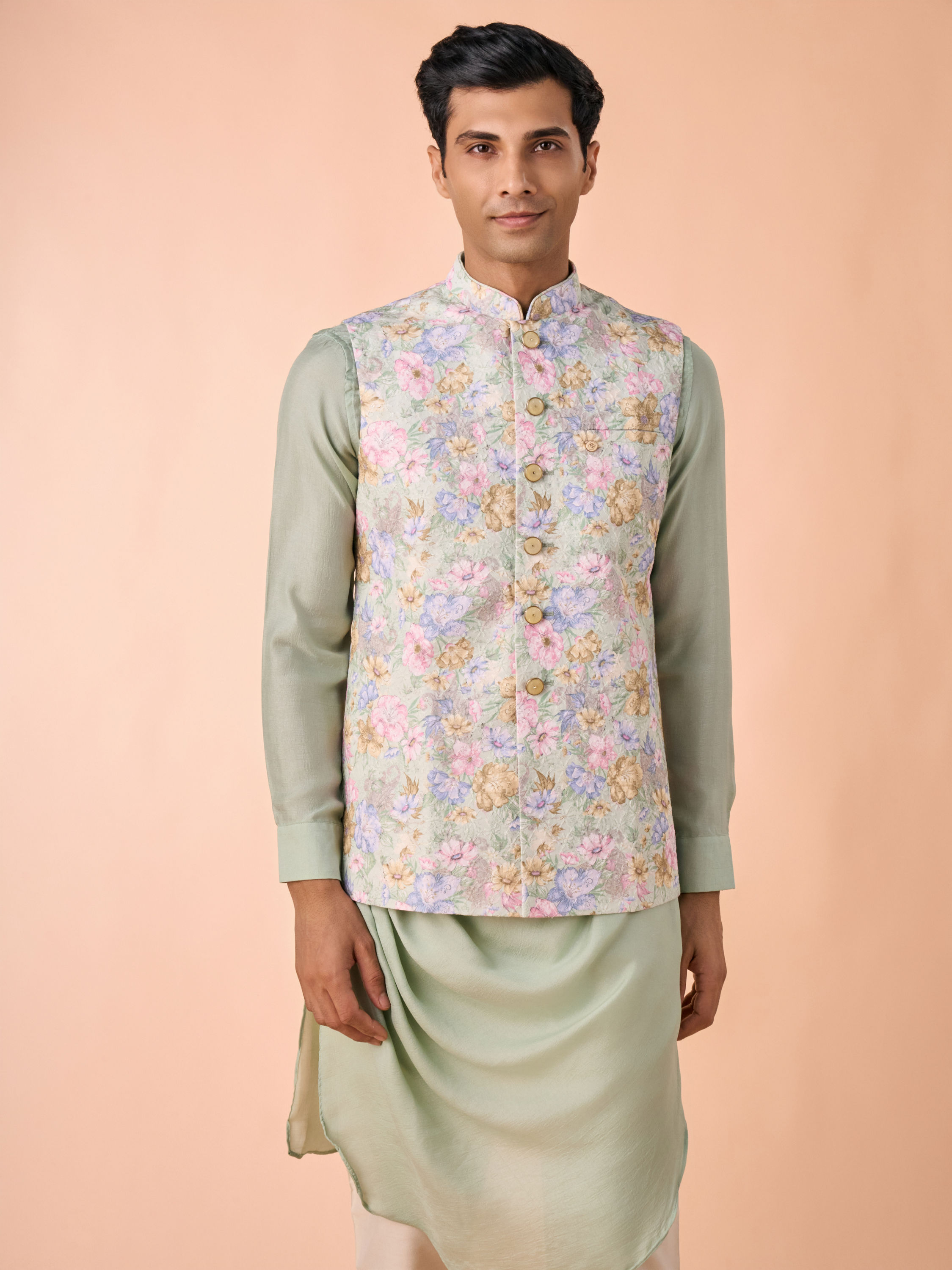 Manyavar Men Enchanting Light Mid Green Nehru Jacket