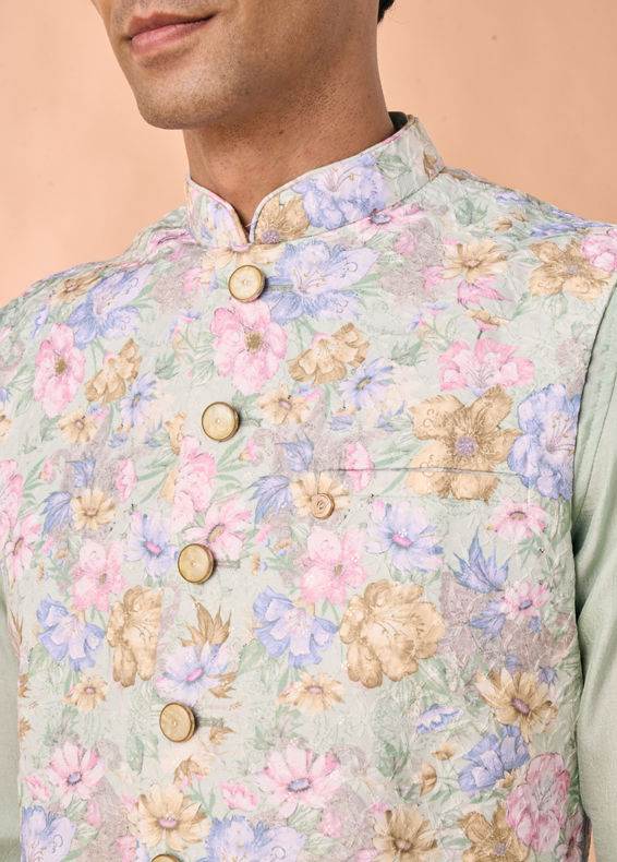 Manyavar Men Enchanting Light Mid Green Nehru Jacket