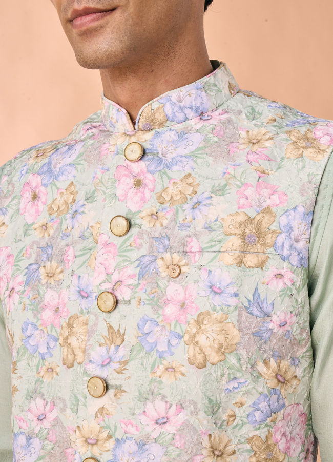 Manyavar Men Enchanting Light Mid Green Nehru Jacket