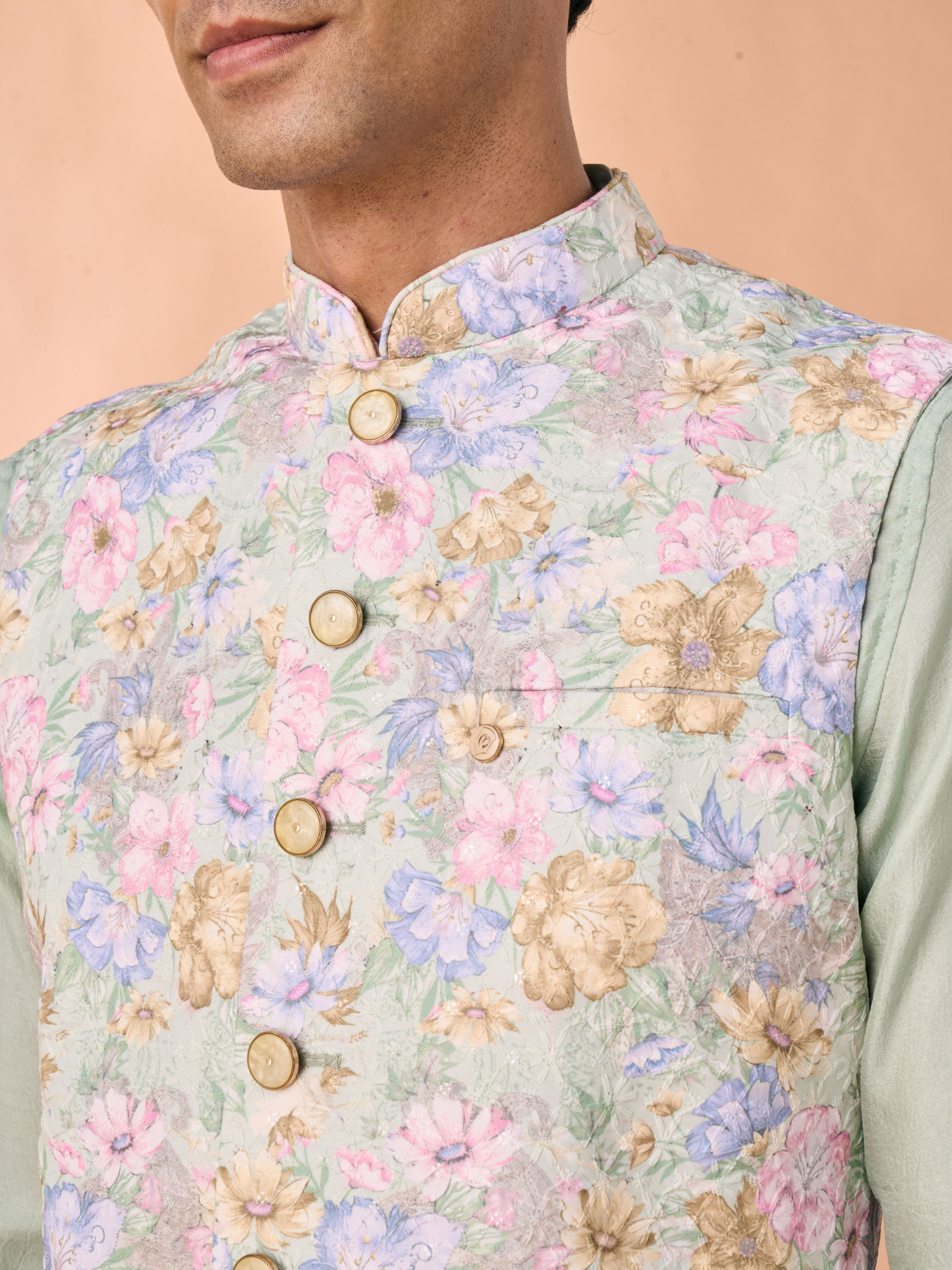 Manyavar Men Enchanting Light Mid Green Nehru Jacket