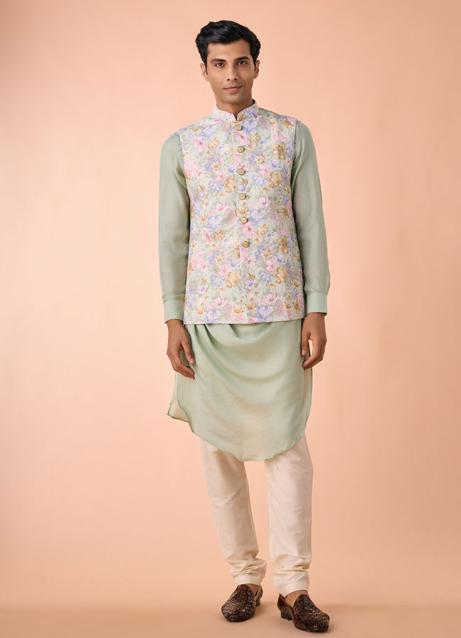 Manyavar Men Enchanting Light Mid Green Nehru Jacket