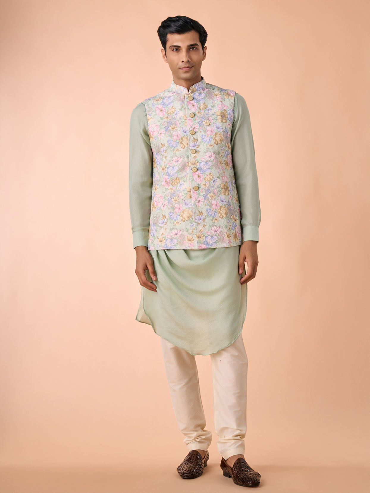 Manyavar Men Enchanting Light Mid Green Nehru Jacket