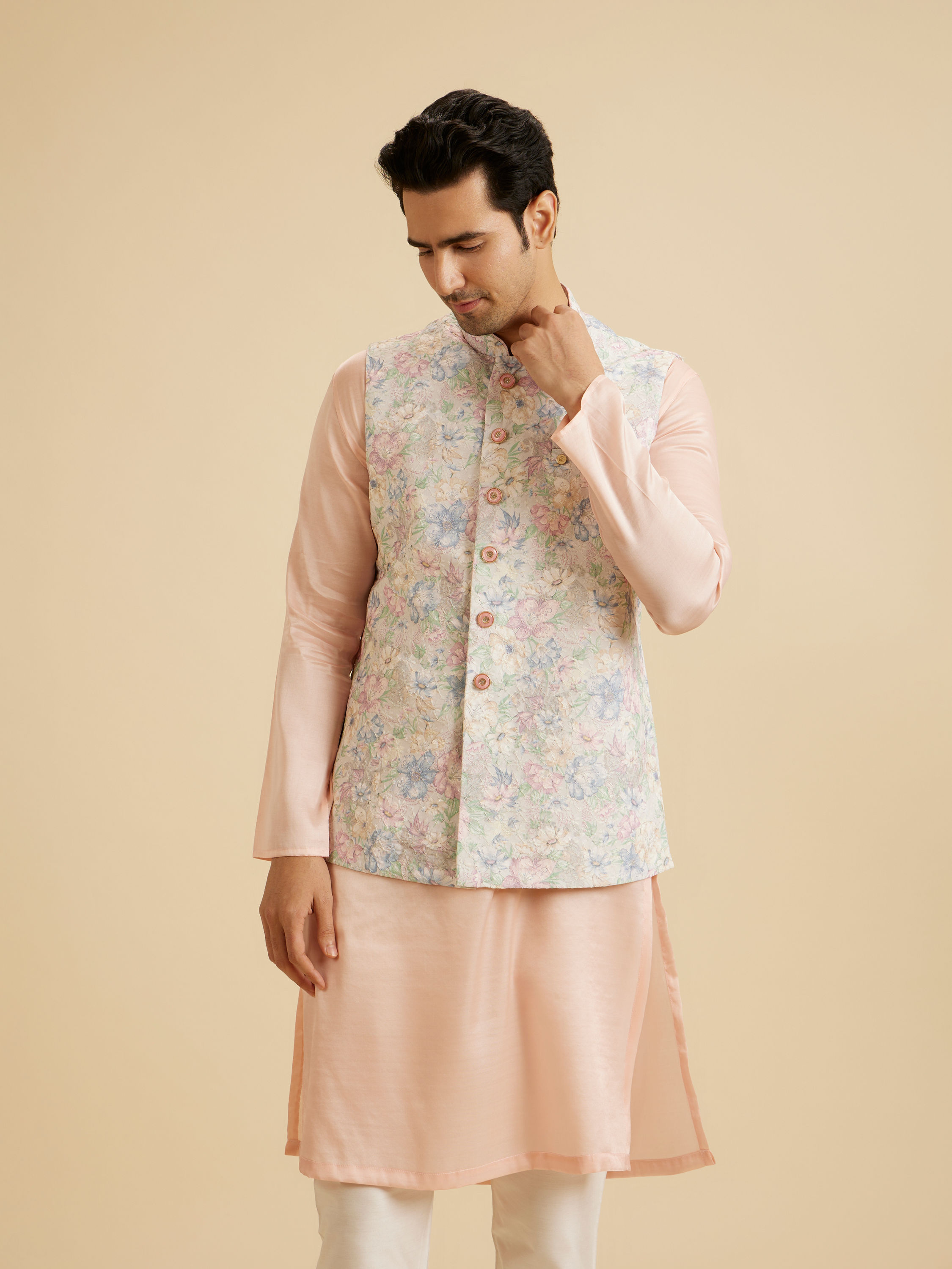 Manyavar Men Elegant Charm Cream Nehru Jacket