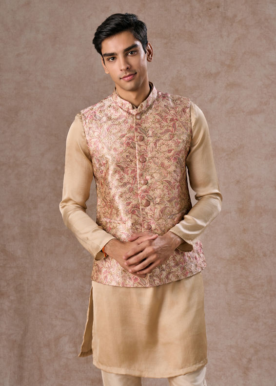 Manyavar Men Elegant Beige Nehru Jacket