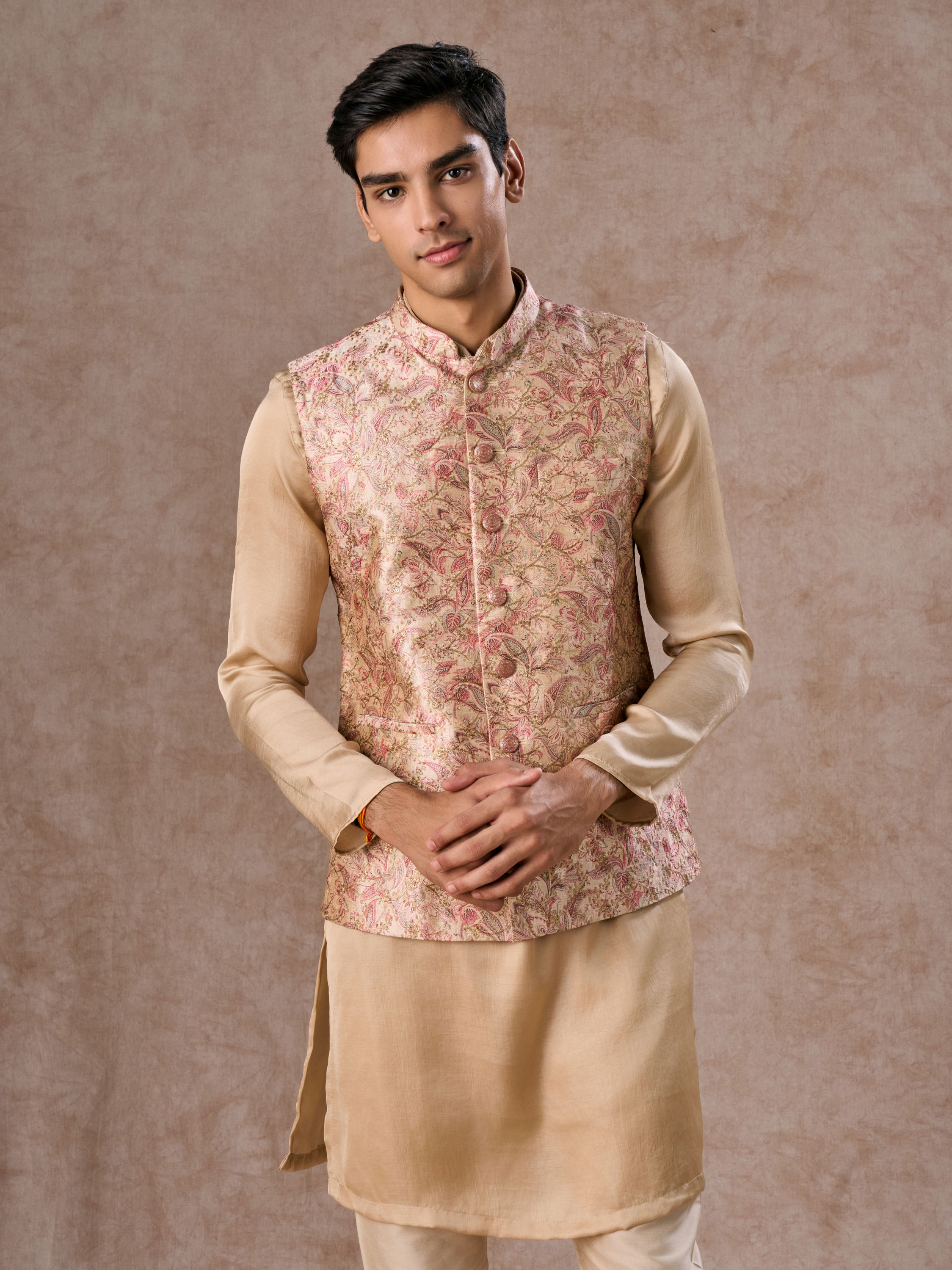 Manyavar Men Elegant Beige Nehru Jacket