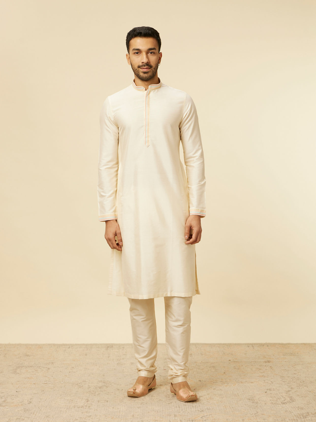 Manyavar Men Beige Multi Colored Grid Patterned Jacket Set