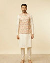Manyavar Men Beige Multi Colored Grid Patterned Jacket Set