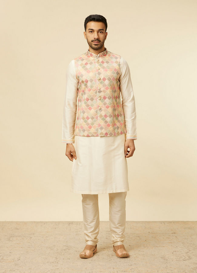 Manyavar Men Beige Multi Colored Grid Patterned Jacket Set