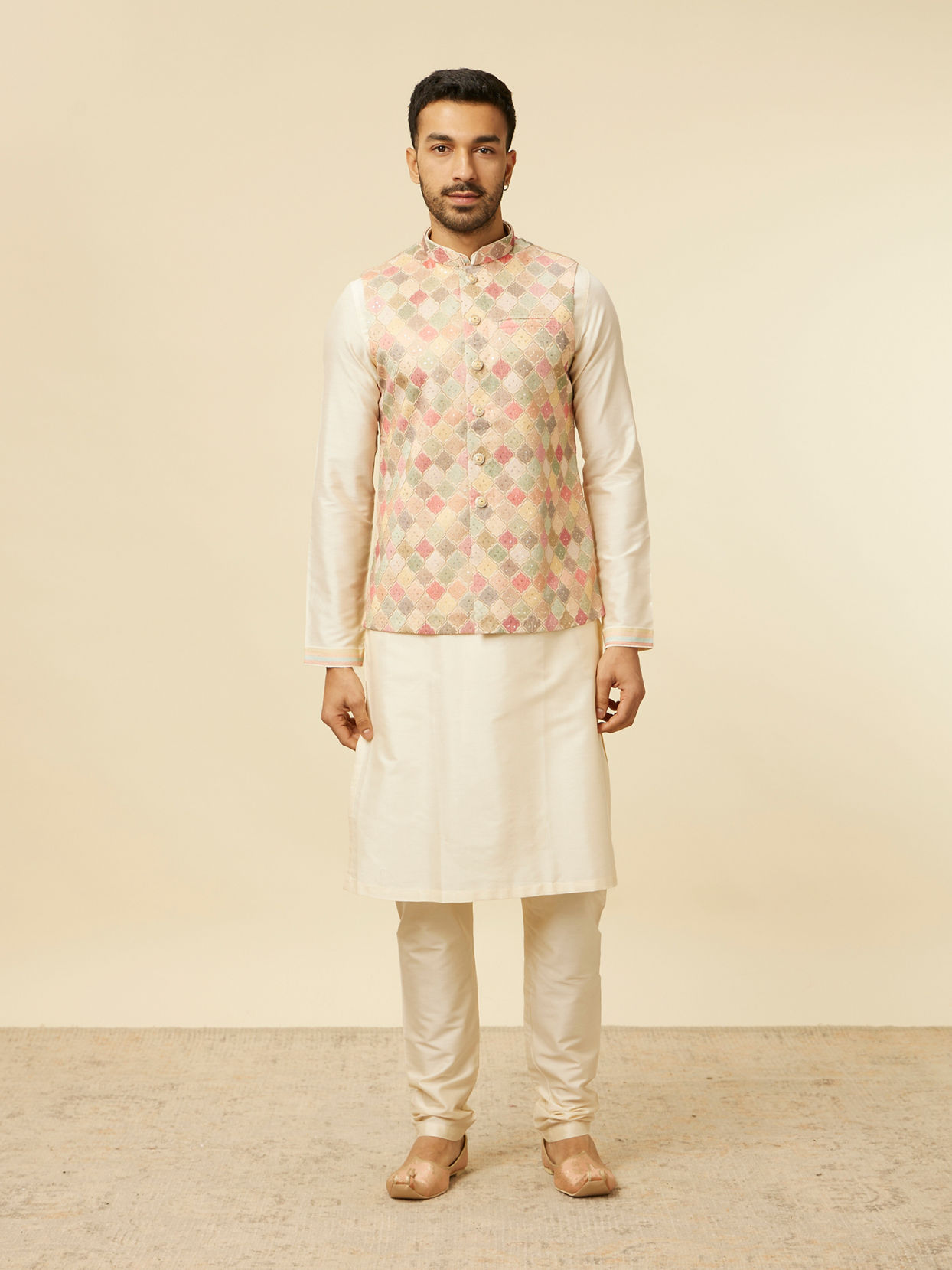 Manyavar Men Beige Multi Colored Grid Patterned Jacket Set