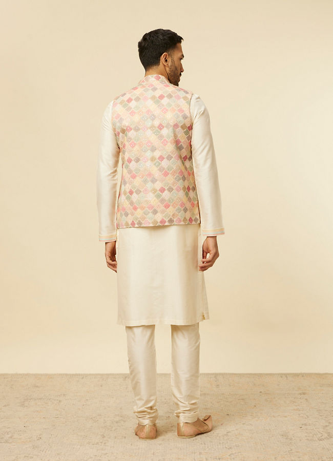 Manyavar Men Beige Multi Colored Grid Patterned Jacket Set