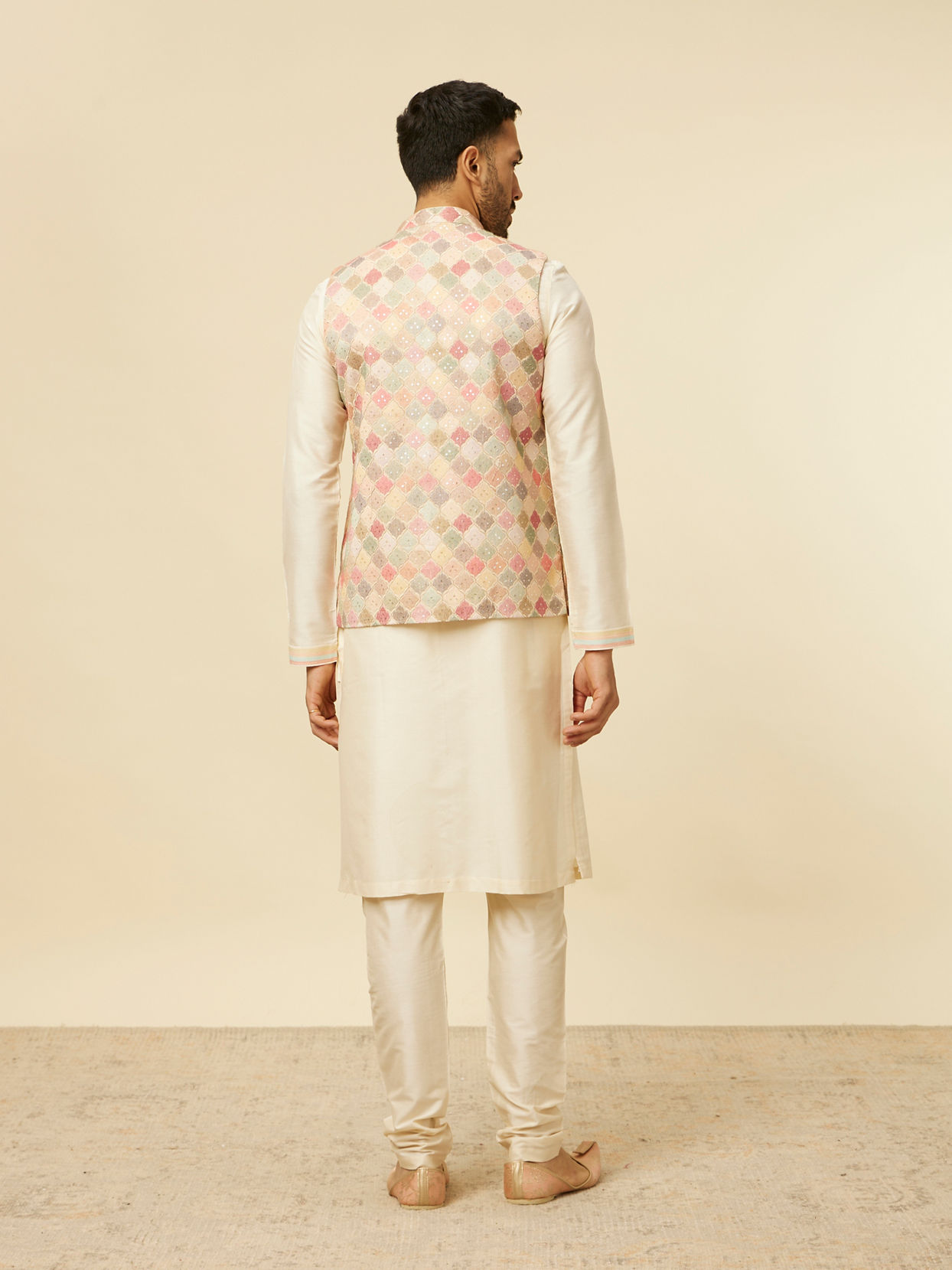 Manyavar Men Beige Multi Colored Grid Patterned Jacket Set