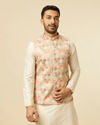 Beige Multi Colored Grid Patterned Jacket Set